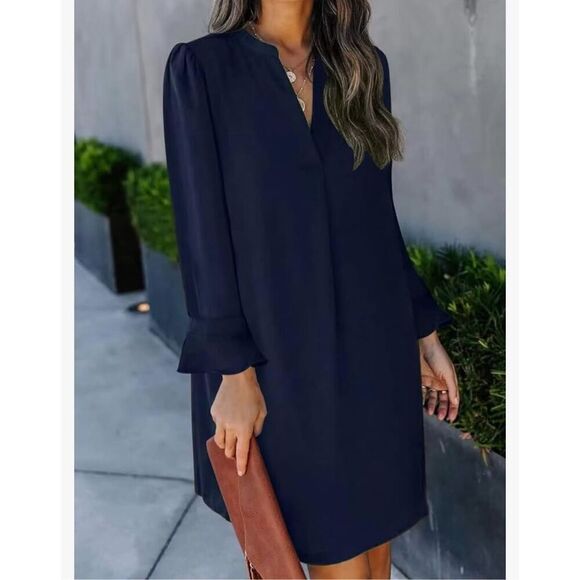 NEW Blue Midi V Neck Casual Loose Long sleeve Dress L - Picture 1 of 7